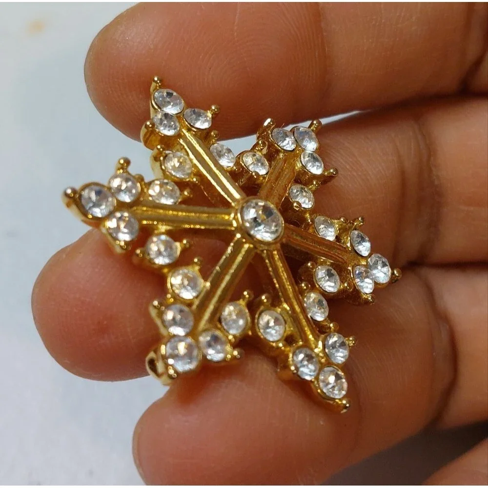Vintage Sparkly Winter Snowflake Gold Tone Embellished with Clear Rhinestones